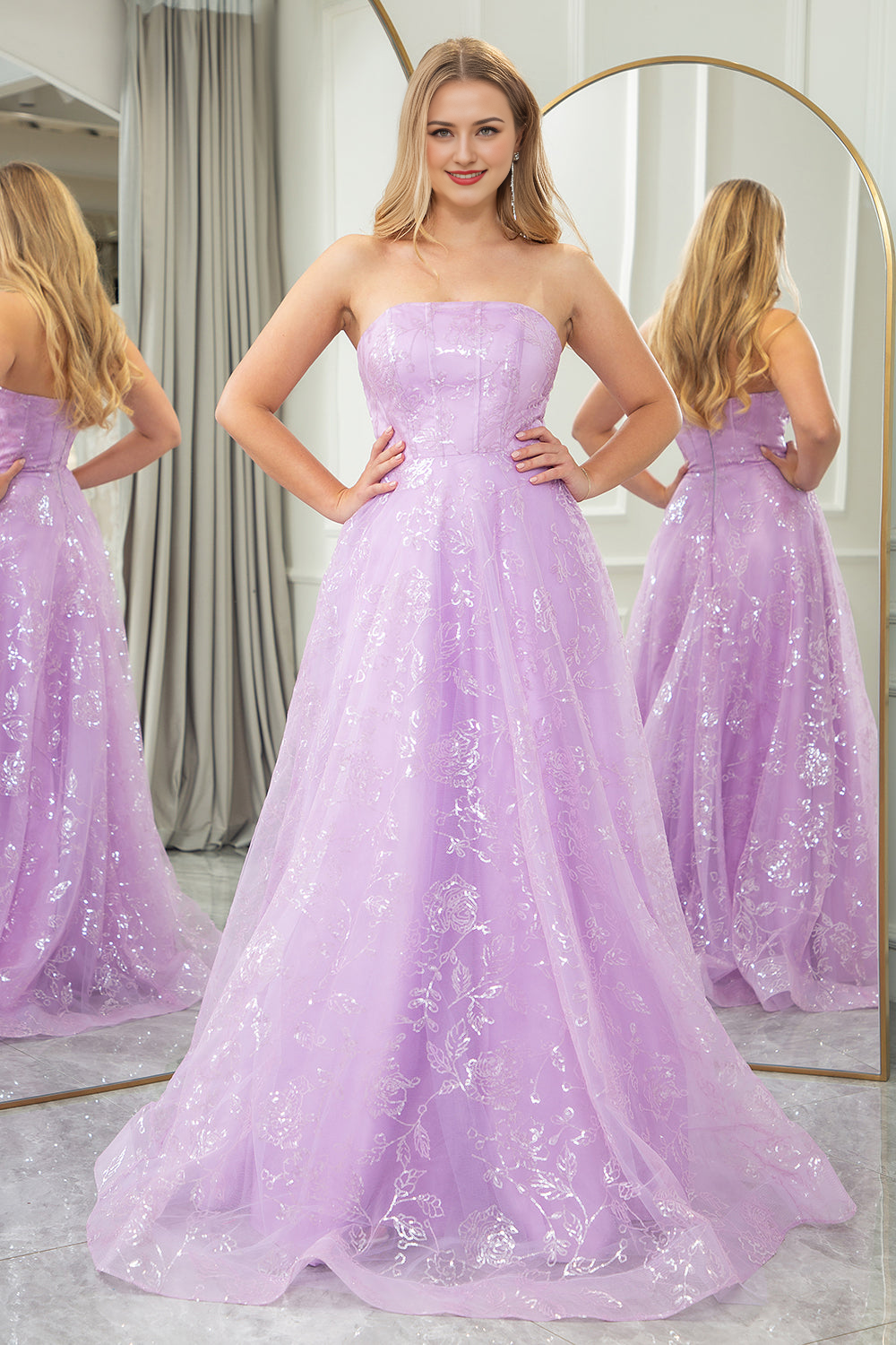 A-Line Strapless Tulle Long Prom Dress With Detachable Sleeves