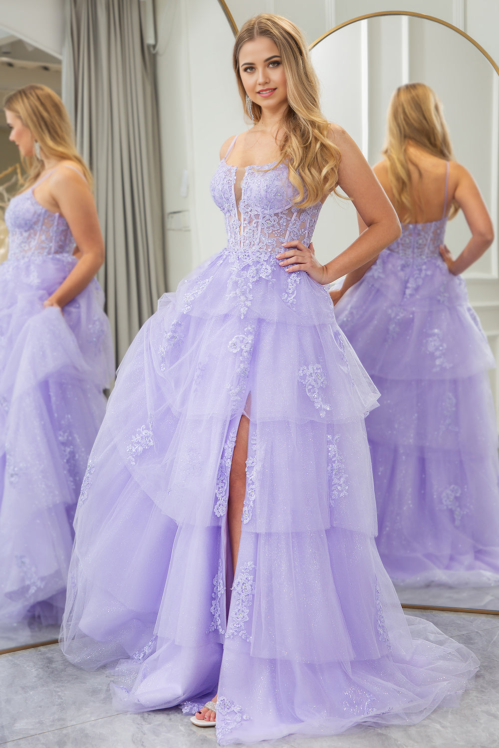 A Line Long Tiered Tulle Prom Dress With Slit And Appliques