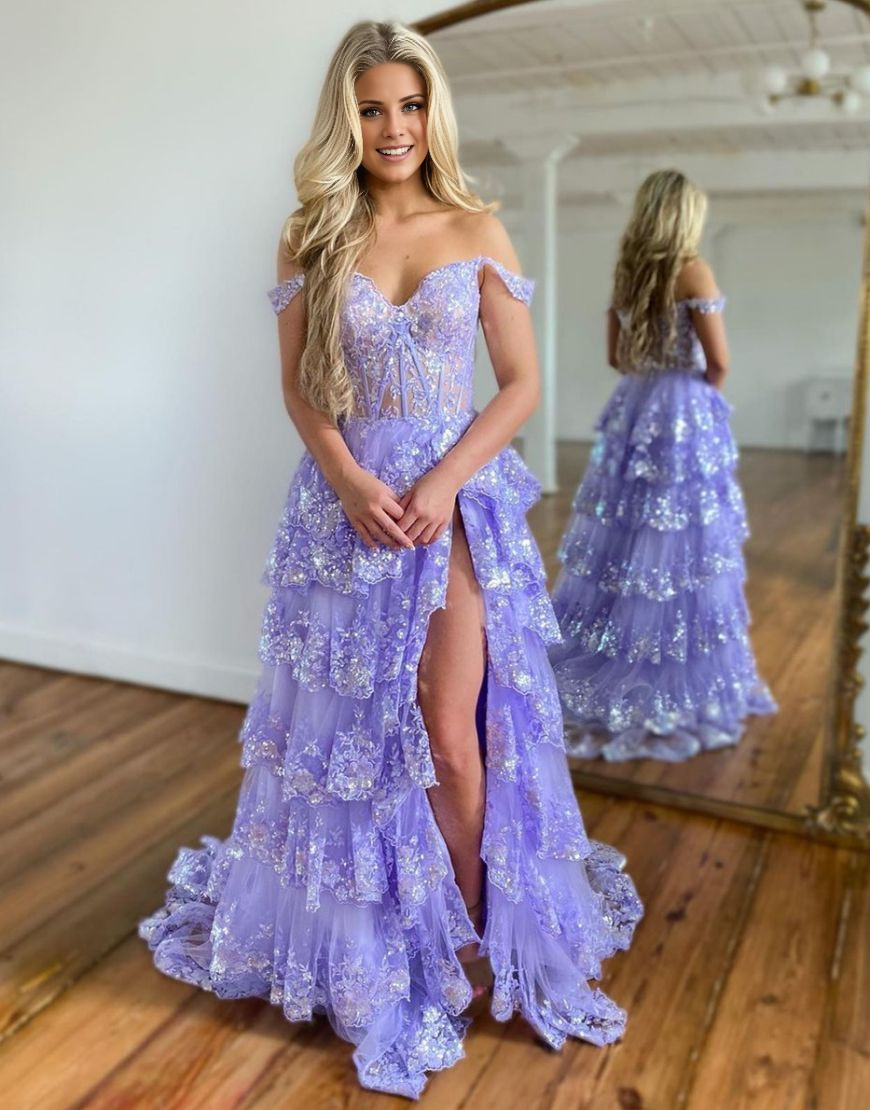 A-Line Off The Shoulder Tiered Prom Dress With Split