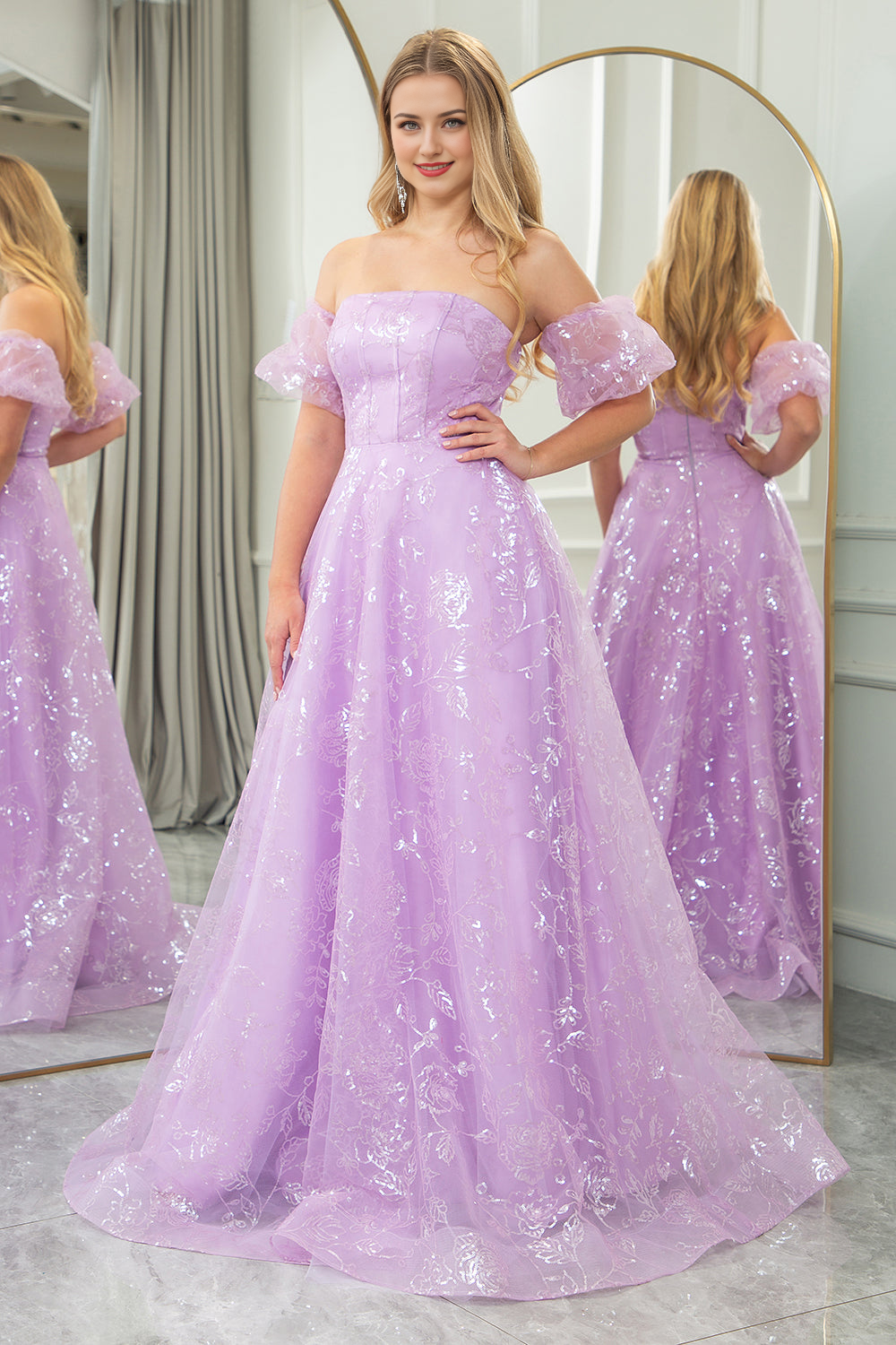 A-Line Strapless Tulle Long Prom Dress With Detachable Sleeves