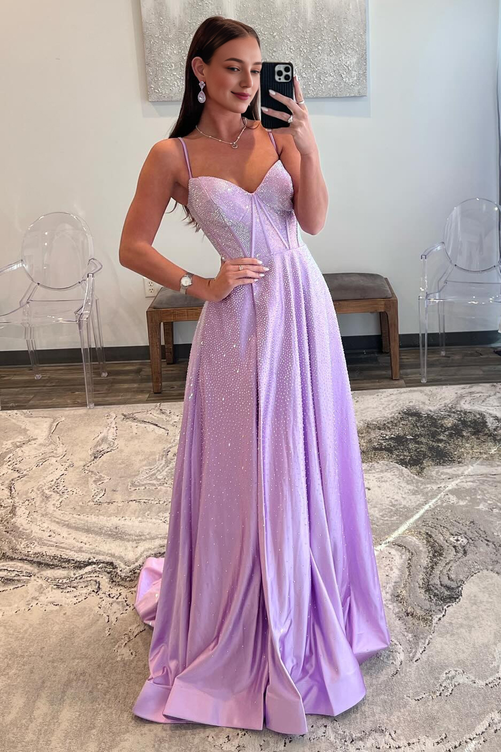 A-Line Spaghetti Straps Long Beaded Prom Dress with Slit
