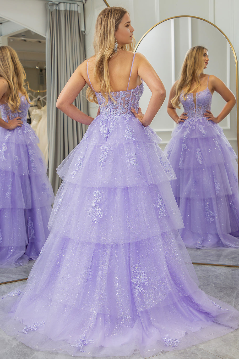 A Line Long Tiered Tulle Prom Dress With Slit And Appliques