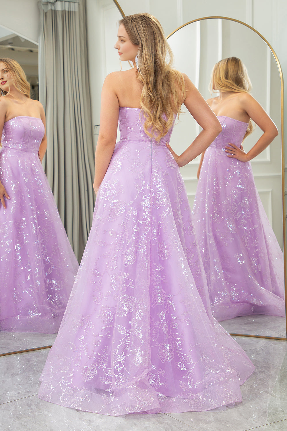 A-Line Strapless Tulle Long Prom Dress With Detachable Sleeves