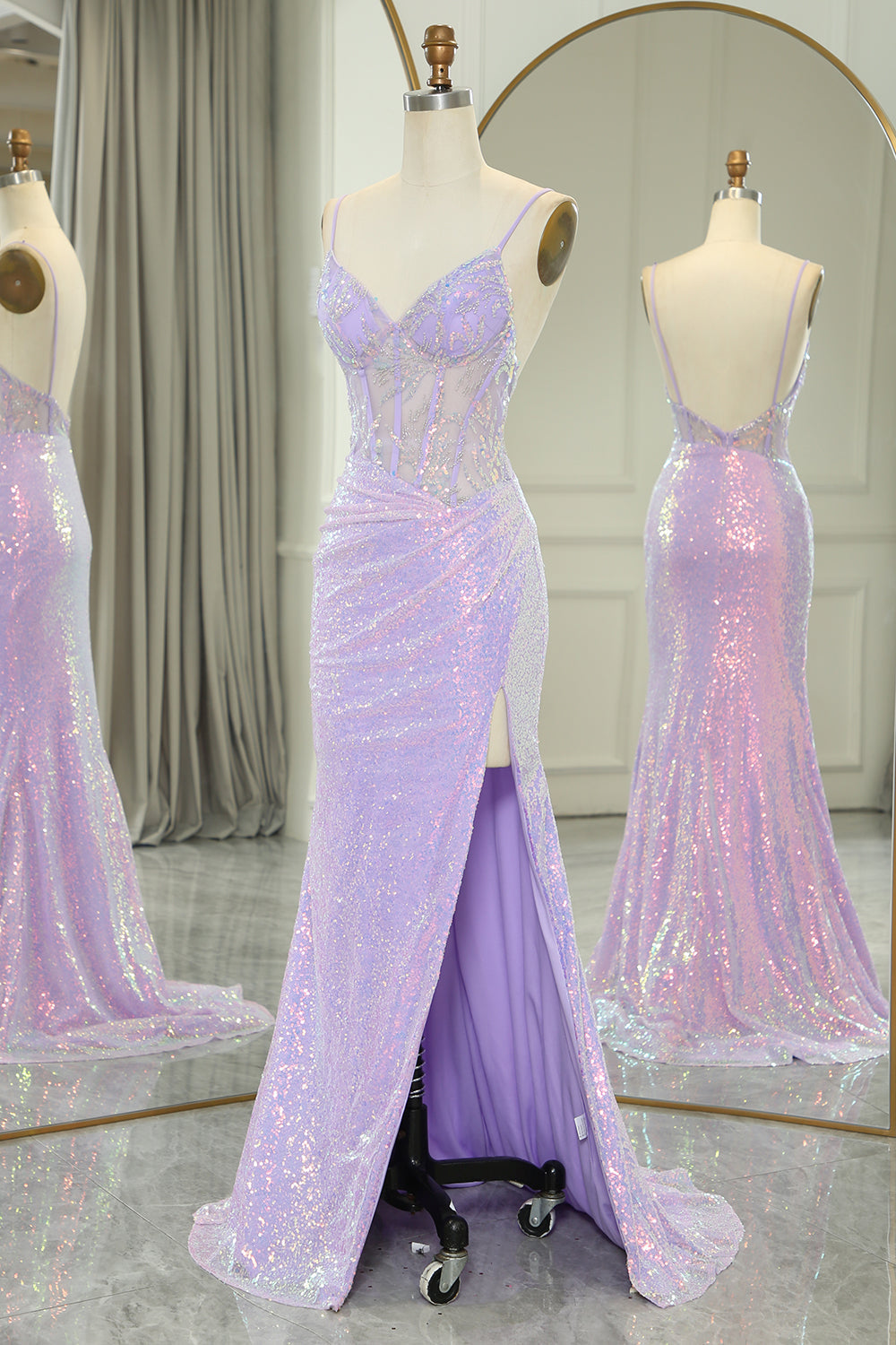 Light Purple Mermaid Backless Long Corset Prom Dress With Slit