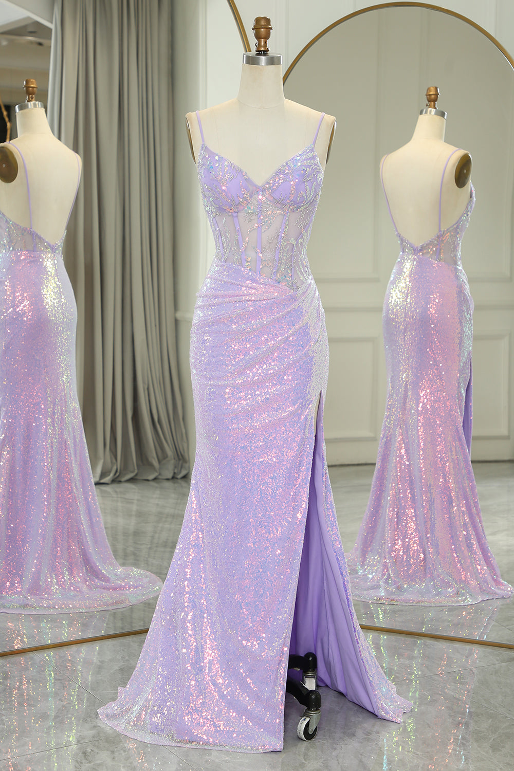 Light Purple Mermaid Backless Long Corset Prom Dress With Slit