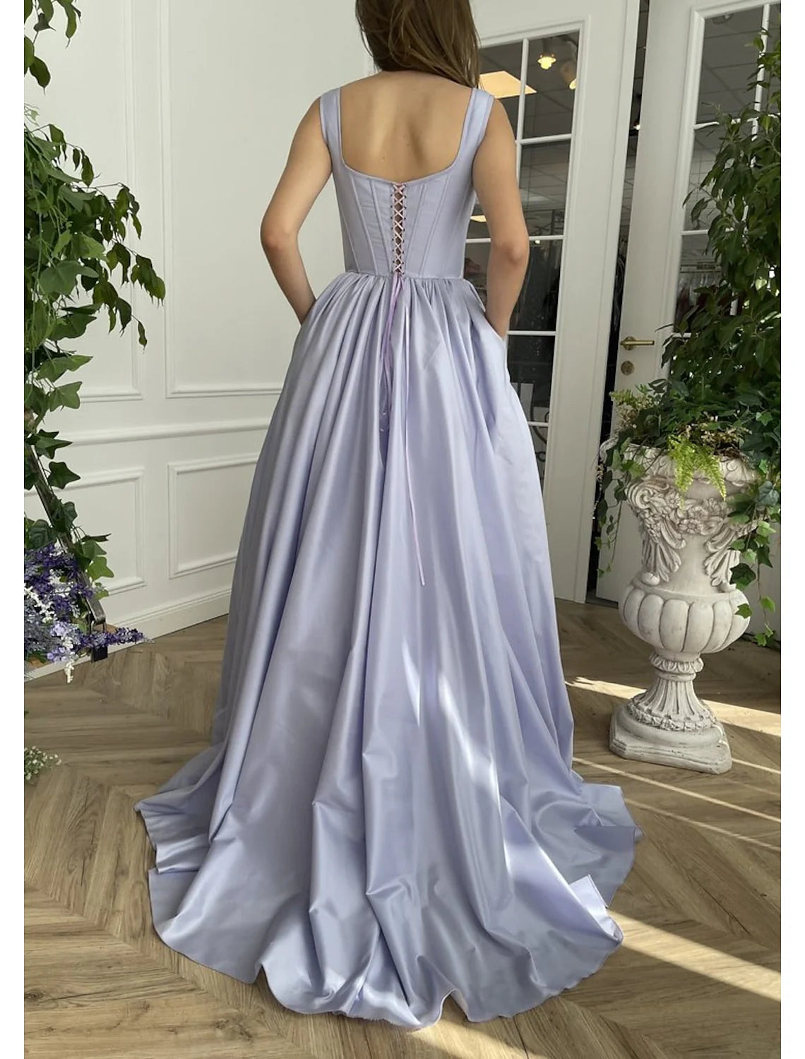 A Line Straps Prom Dresses Open Back Satin With Slit