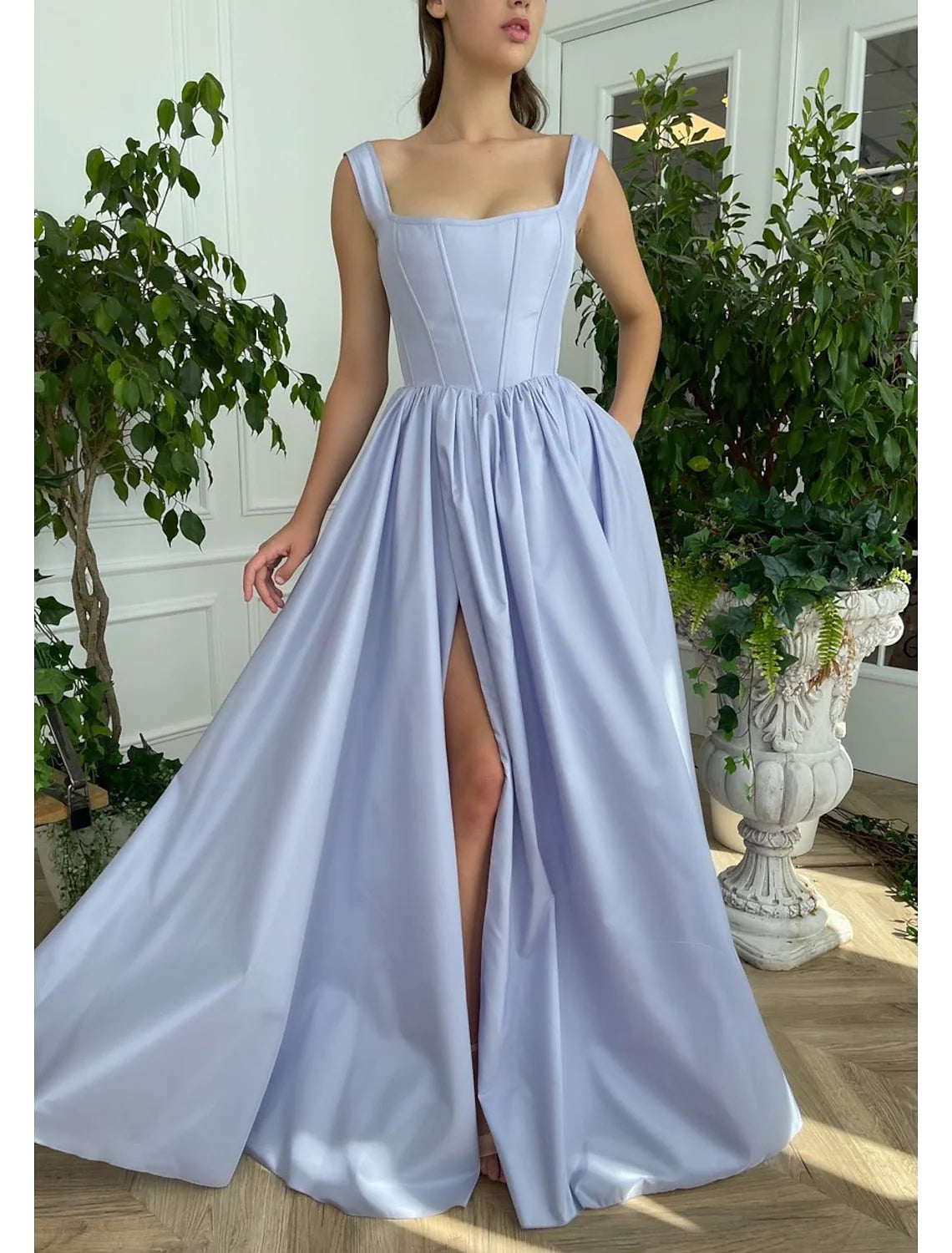 A Line Straps Prom Dresses Open Back Satin With Slit