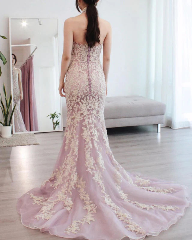 Halter Neck Mermaid Lace Evening Dresses Open Back