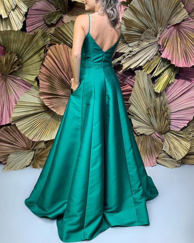 Long Satin Evening Dresses High V Neck