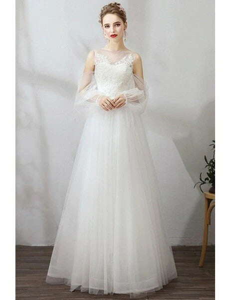 Long Sleeve Floral Lace Tulle Wedding Dresses