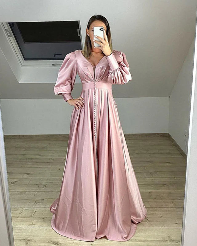 Long Sleeves Satin V Evening Dresses