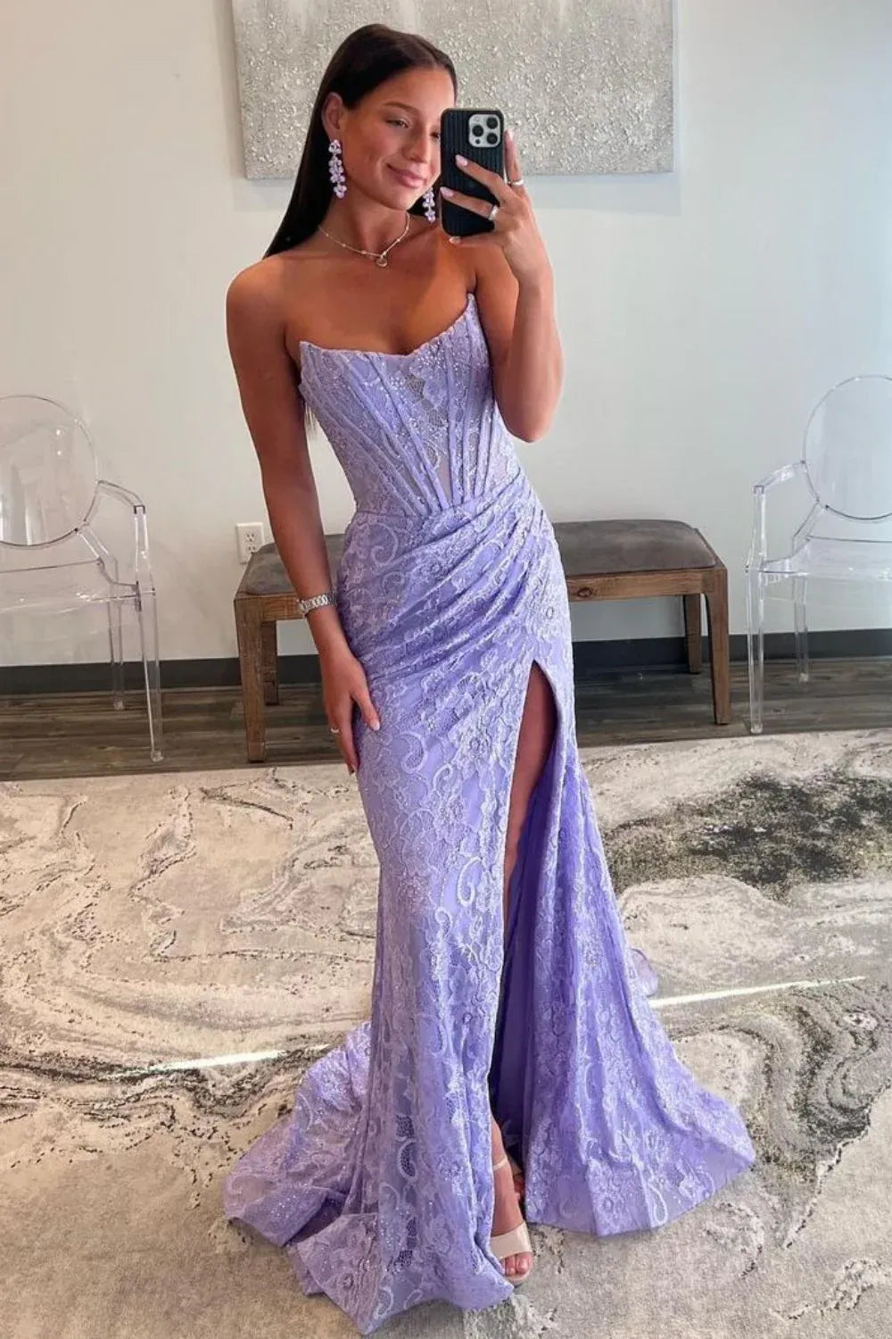 Mermaid Strapless Sweep Train Glitter Prom Dress With Slit