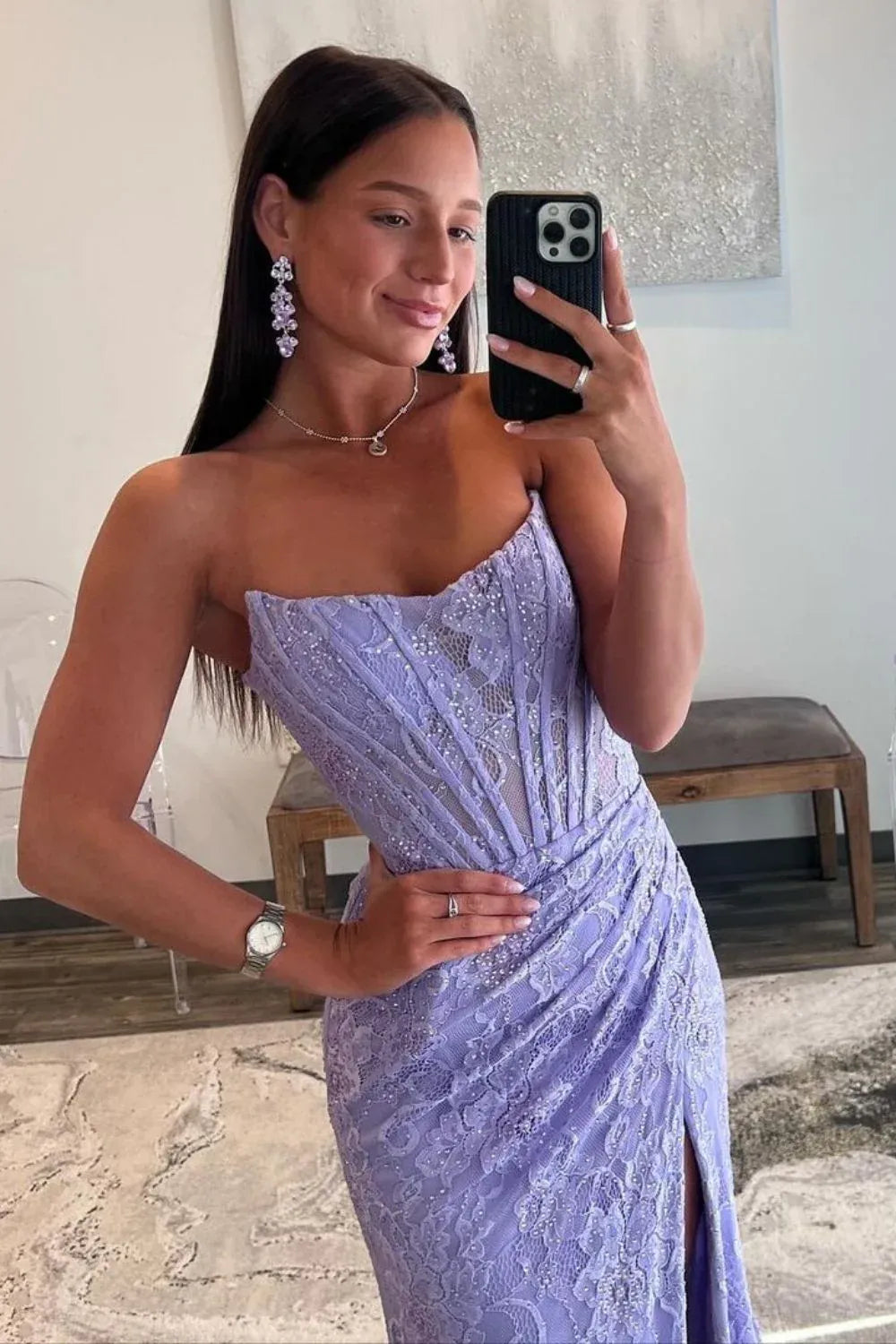 Mermaid Strapless Sweep Train Glitter Prom Dress With Slit