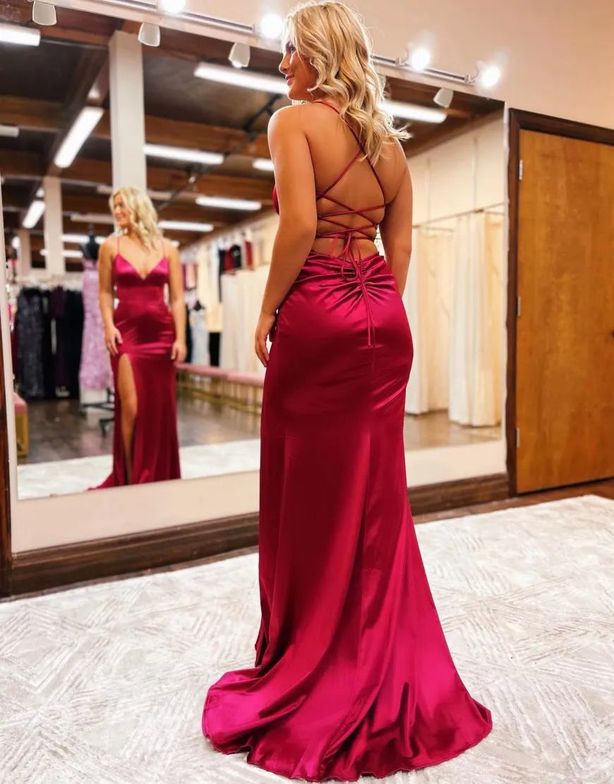 Satin Spaghetti Straps Long Prom Dress With Split