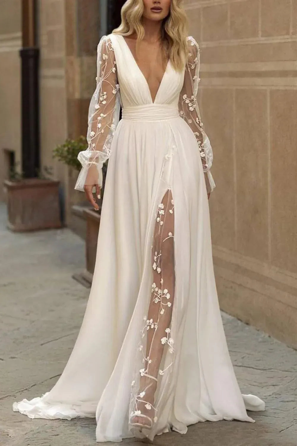 Long Sleeve Chiffon A-Line Sheer Long sleeves with floral lace Wedding Dress with Floral Lace Appliques
