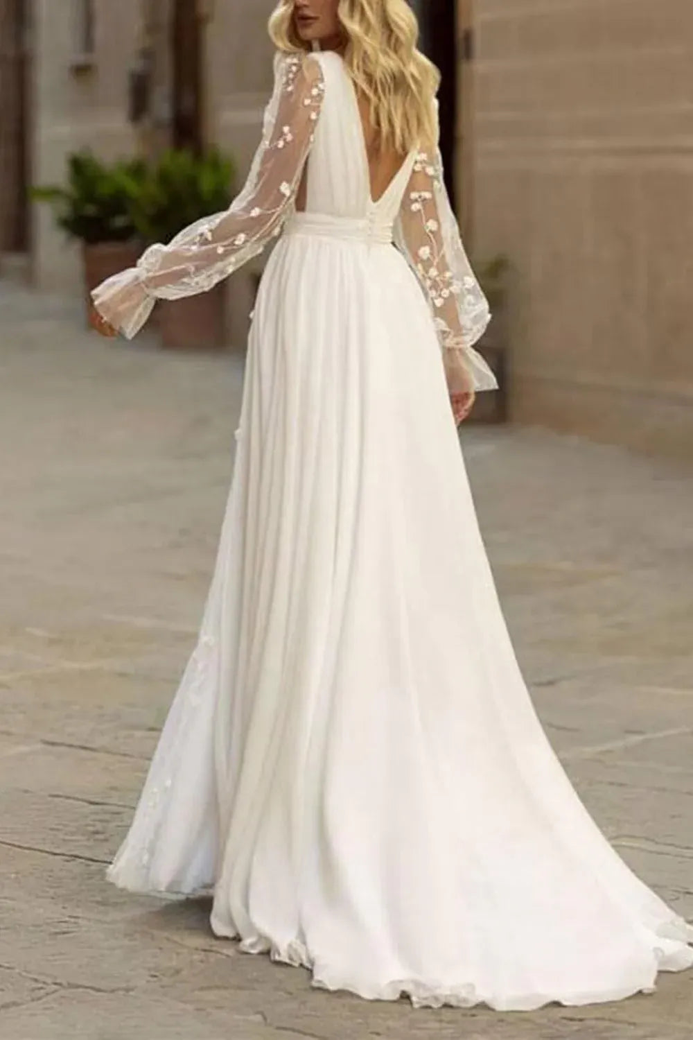 Long Sleeve Chiffon A-Line Sheer Long sleeves with floral lace Wedding Dress with Floral Lace Appliques