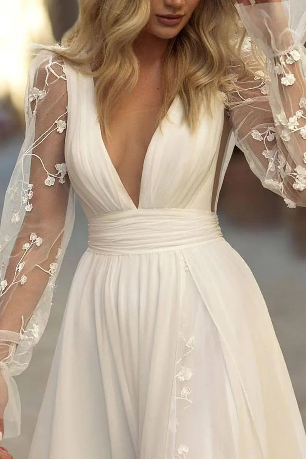 Long Sleeve Chiffon A-Line Sheer Long sleeves with floral lace Wedding Dress with Floral Lace Appliques