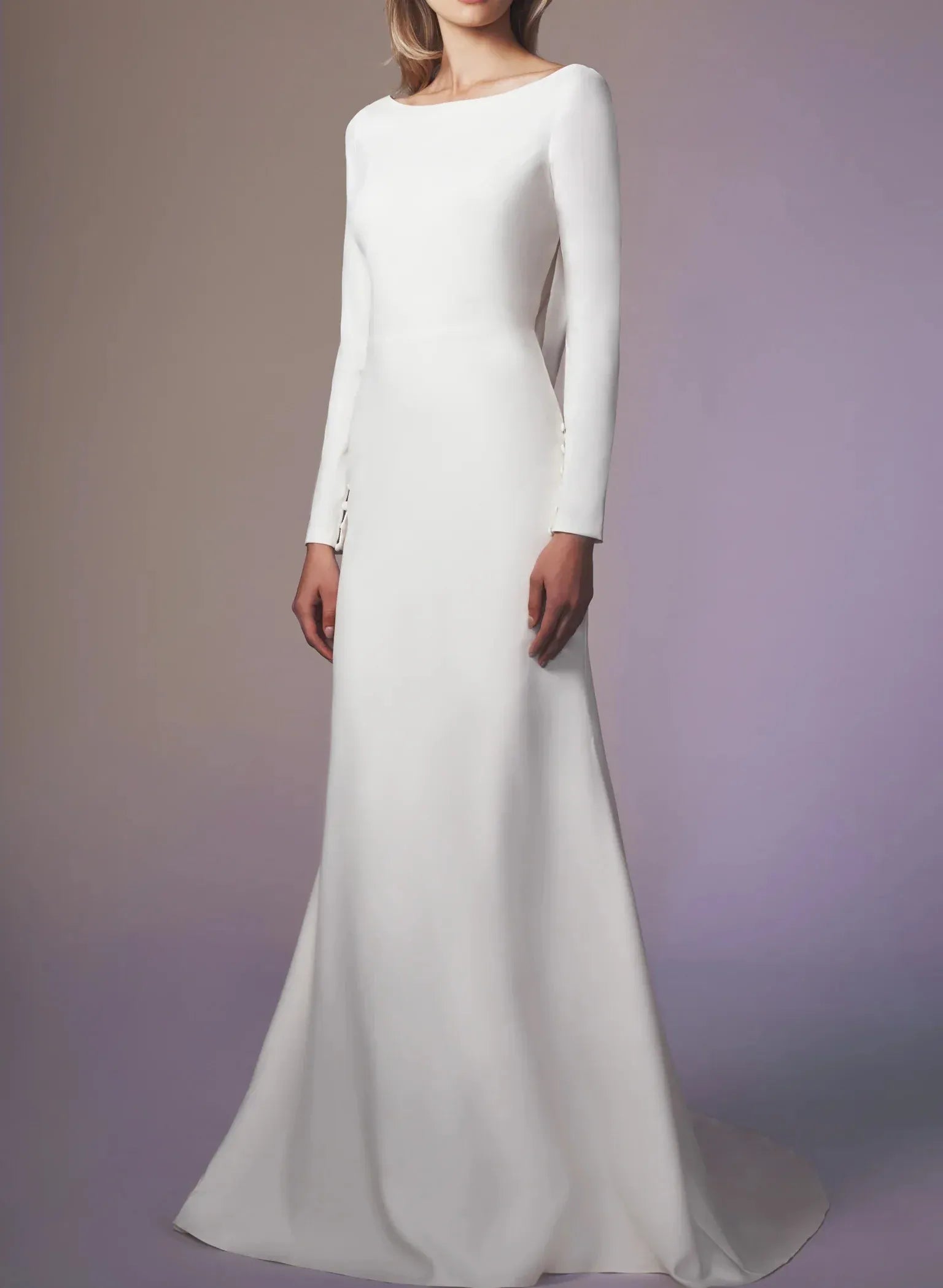 Long Sleeve Crepe Mermaid Wedding Dress with Cowl Back & Buttons - Minimalist Bridal Gown