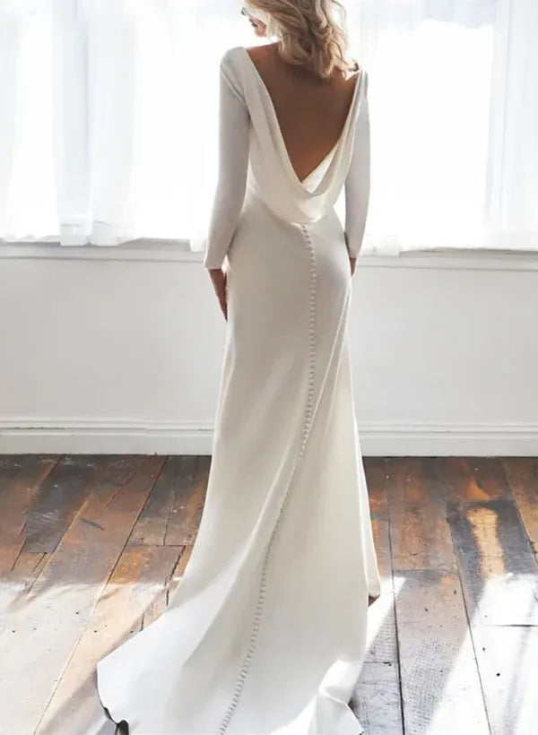 Long Sleeve Crepe Mermaid Wedding Dress with Cowl Back & Buttons - Minimalist Bridal Gown