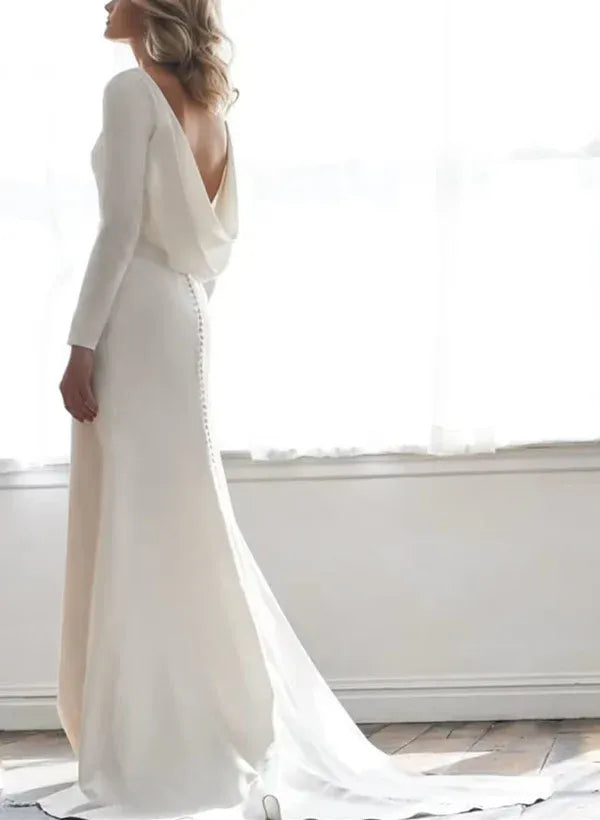 Long Sleeve Crepe Mermaid Wedding Dress with Cowl Back & Buttons - Minimalist Bridal Gown