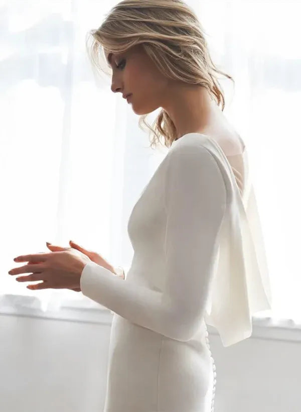 Long Sleeve Crepe Mermaid Wedding Dress with Cowl Back & Buttons - Minimalist Bridal Gown