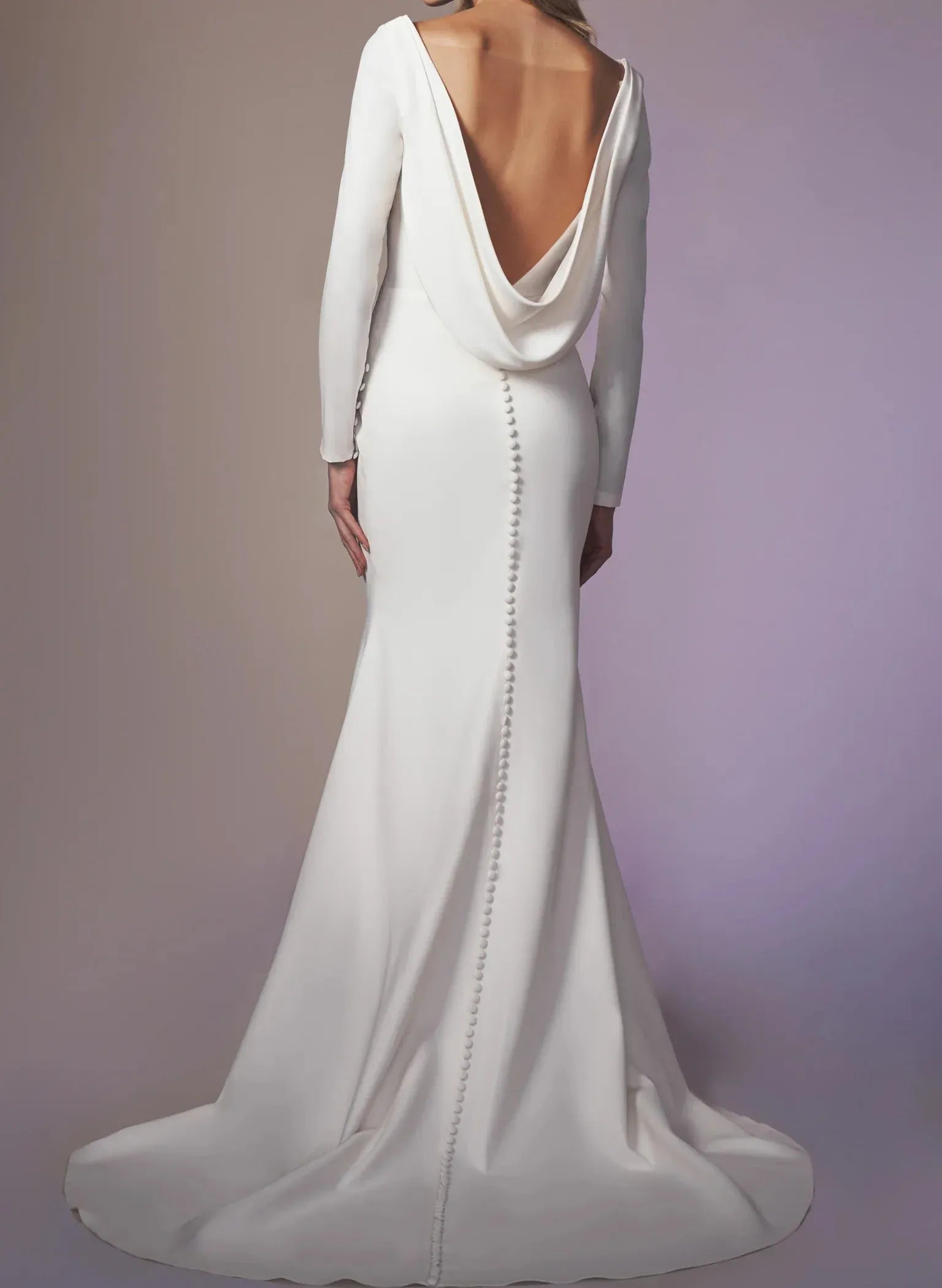 Long Sleeve Crepe Mermaid Wedding Dress with Cowl Back & Buttons - Minimalist Bridal Gown