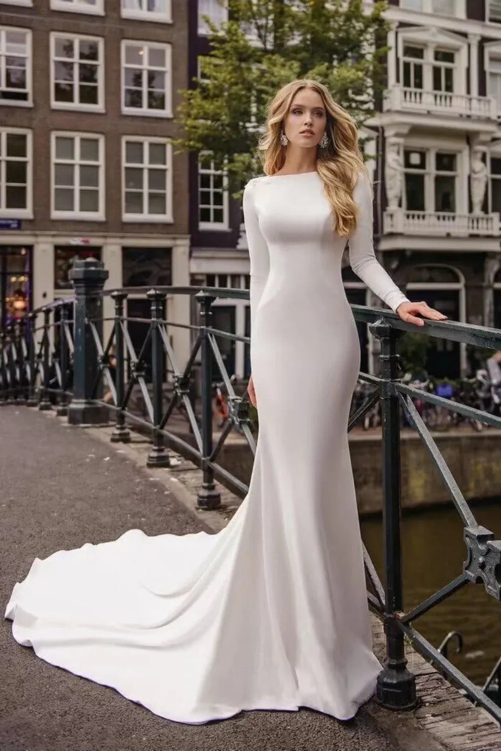 Long Sleeve Crepe Mermaid Wedding Dress with Lace Open Back & Buttons - Modern Bridal Gown