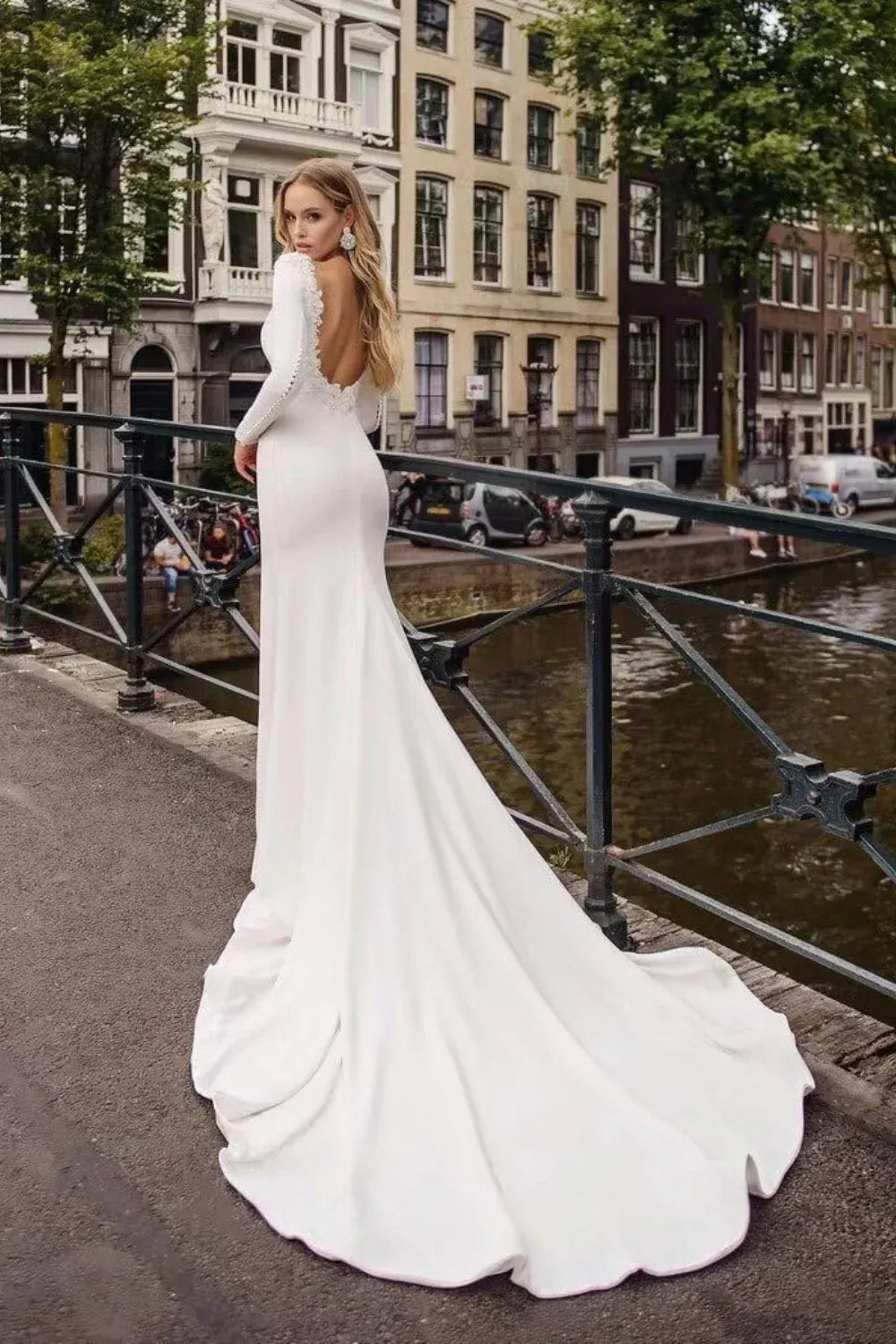 Long Sleeve Crepe Mermaid Wedding Dress with Lace Open Back & Buttons - Modern Bridal Gown