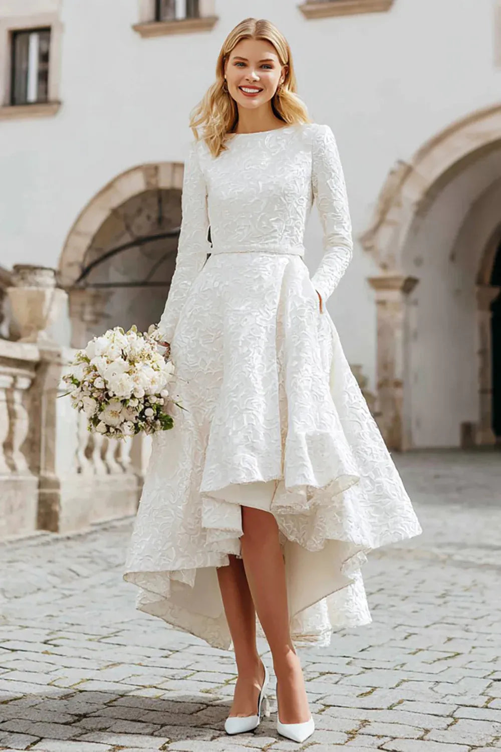 Long Sleeve High-Low Wedding Dress with Textured Embroidery & Pockets