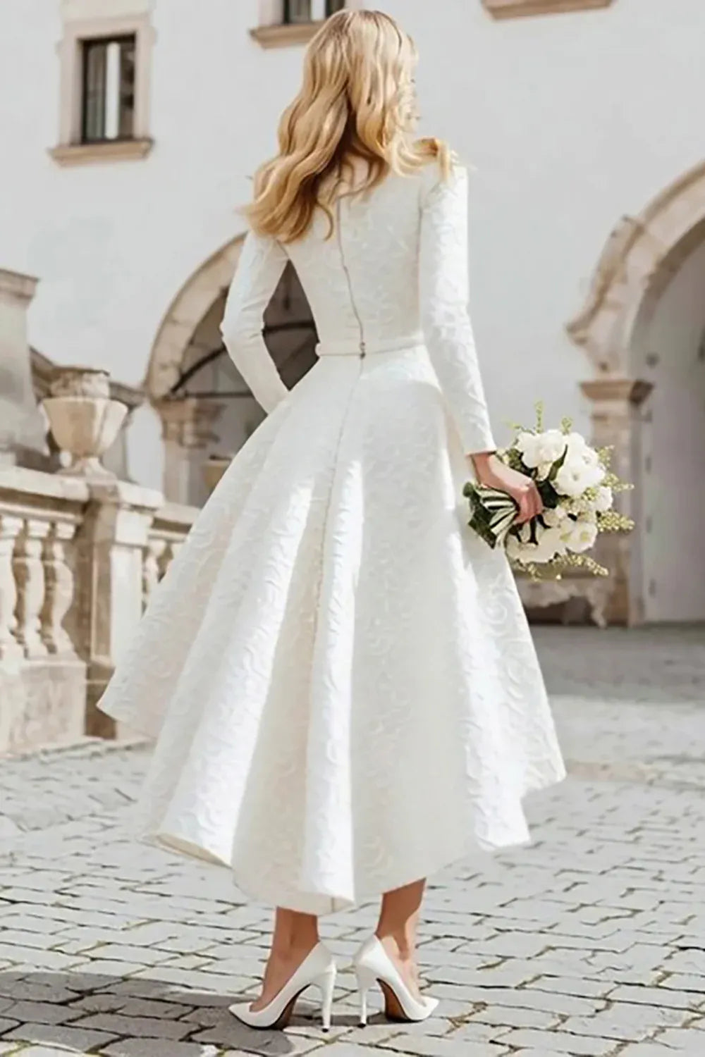Long Sleeve High-Low Wedding Dress with Textured Embroidery & Pockets