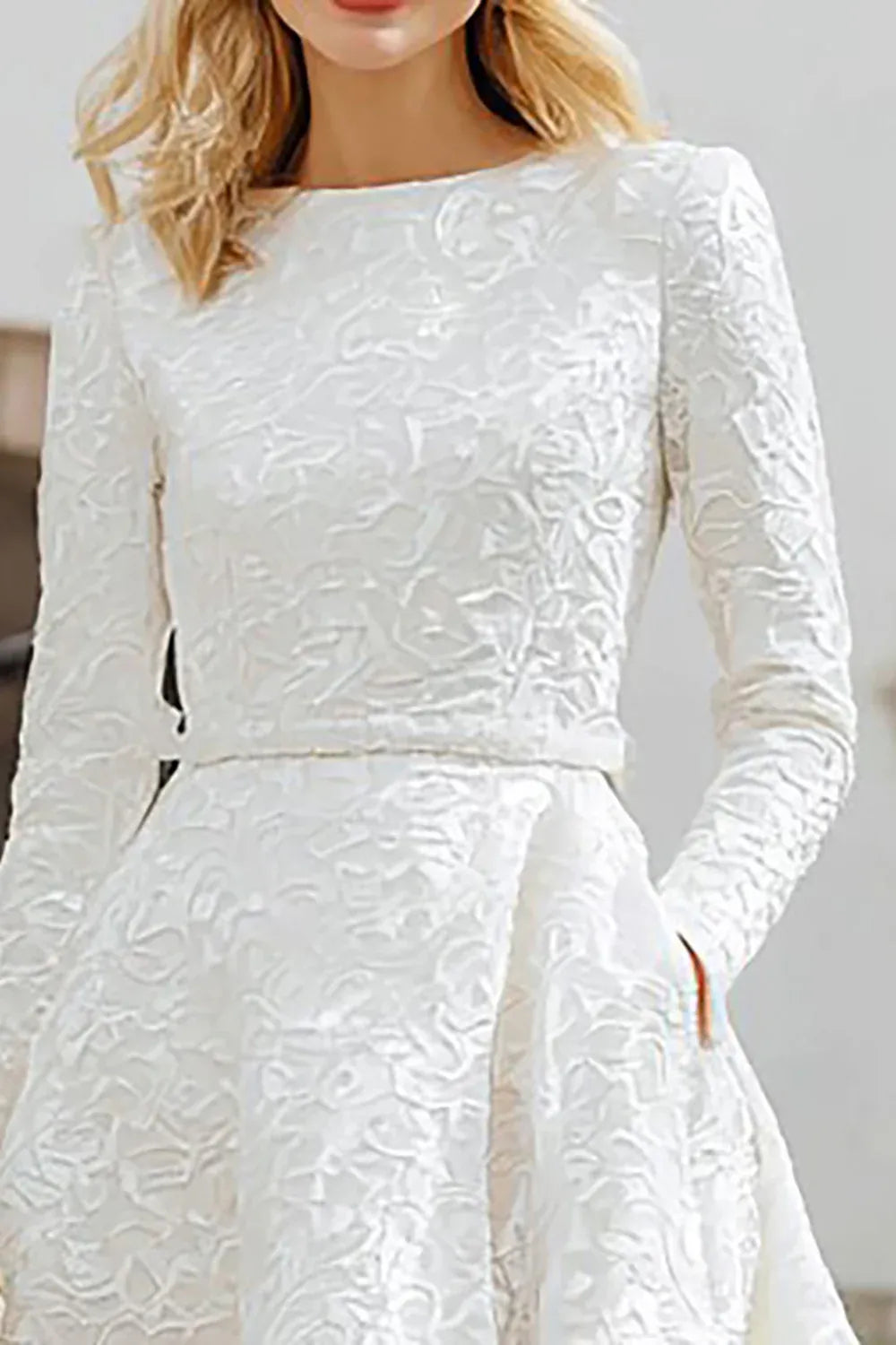 Long Sleeve High-Low Wedding Dress with Textured Embroidery & Pockets