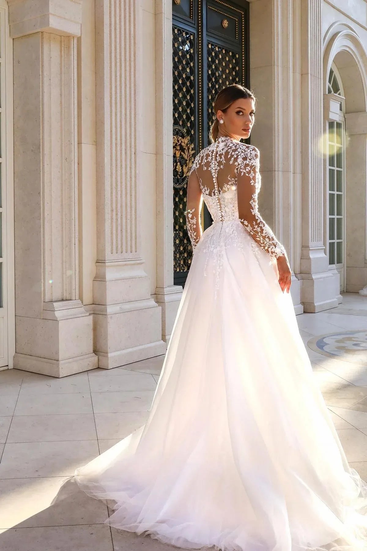 Long Sleeve High-Neck Lace A-Line Wedding Dress with Sheer Back