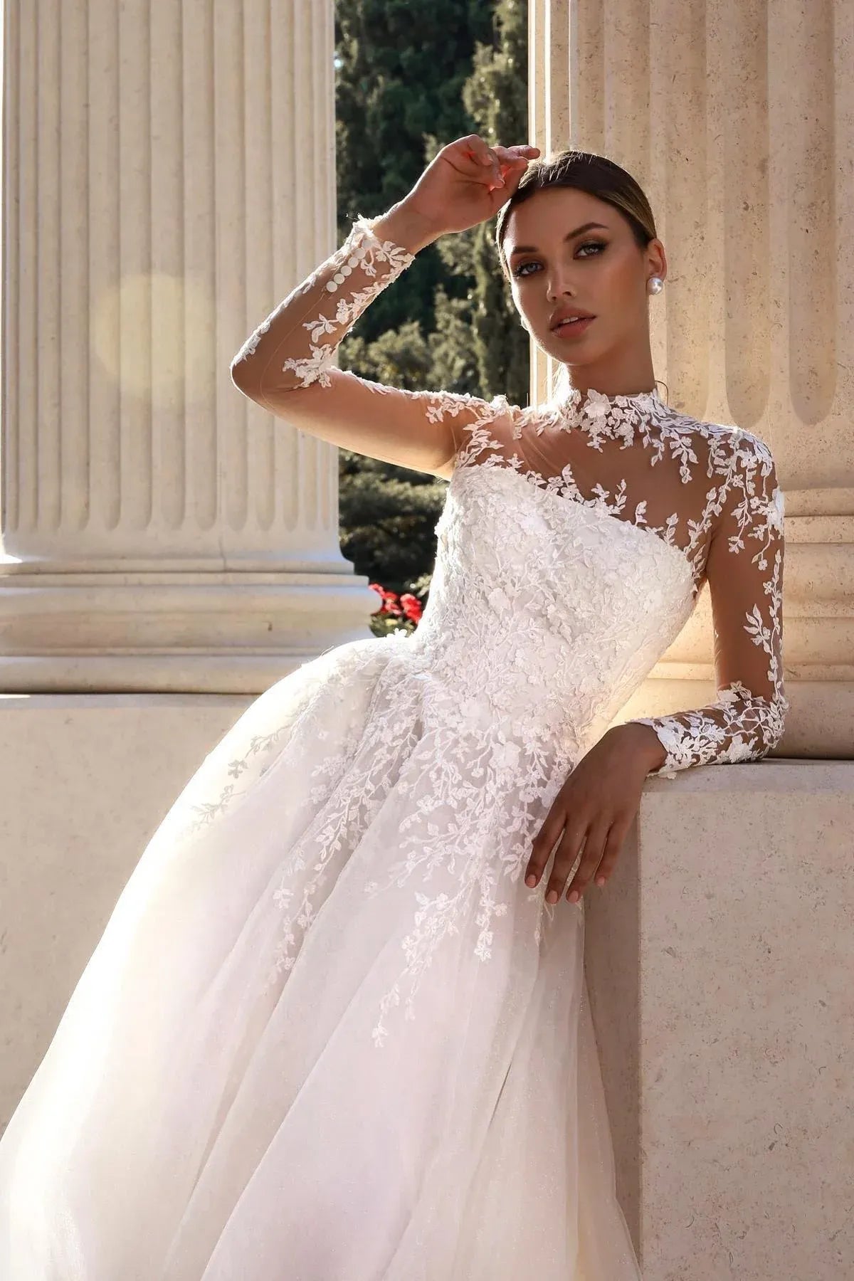 Long Sleeve High-Neck Lace A-Line Wedding Dress with Sheer Back