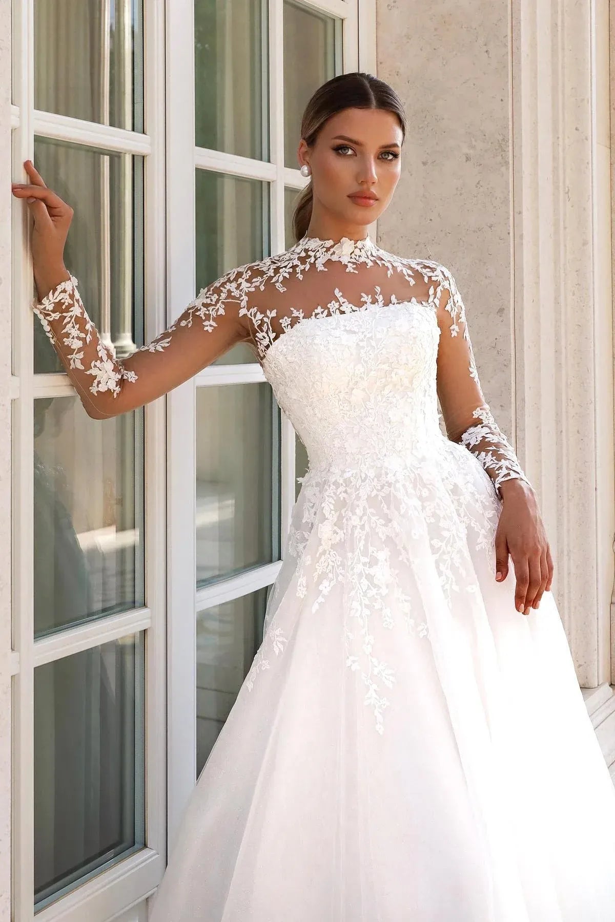 Long Sleeve High-Neck Lace A-Line Wedding Dress with Sheer Back