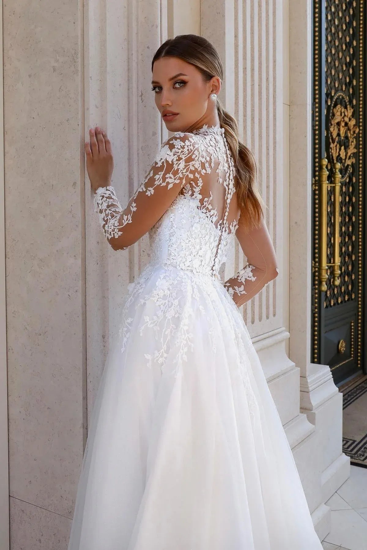 Long Sleeve High-Neck Lace A-Line Wedding Dress with Sheer Back