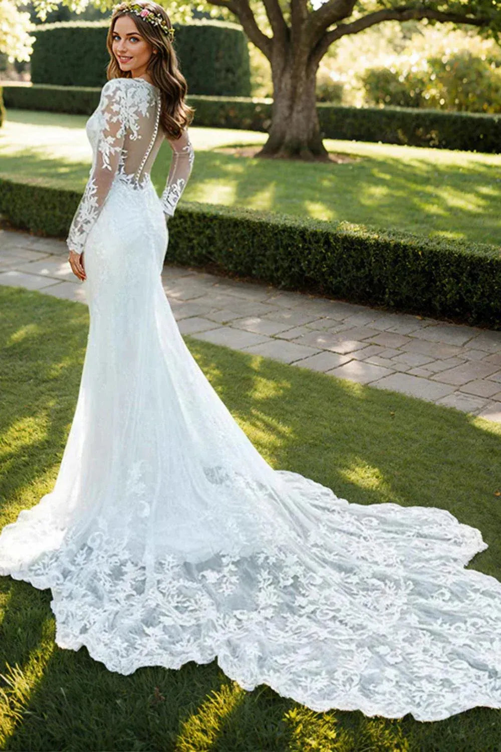 Long Sleeve Lace Mermaid Wedding Dress with Sheer Back & Scalloped Train