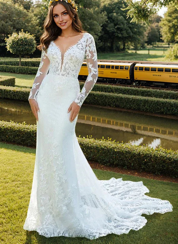 Long Sleeve Lace Mermaid Wedding Dress with Sheer Back & Scalloped Train