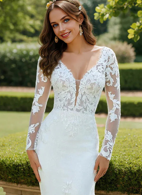 Long Sleeve Lace Mermaid Wedding Dress with Sheer Back & Scalloped Train