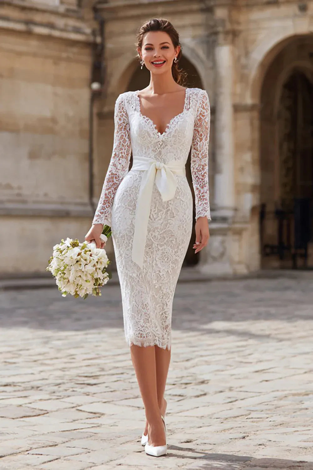 Long Sleeve Lace Midi Wedding Dress with Bow Waist & V-Back
