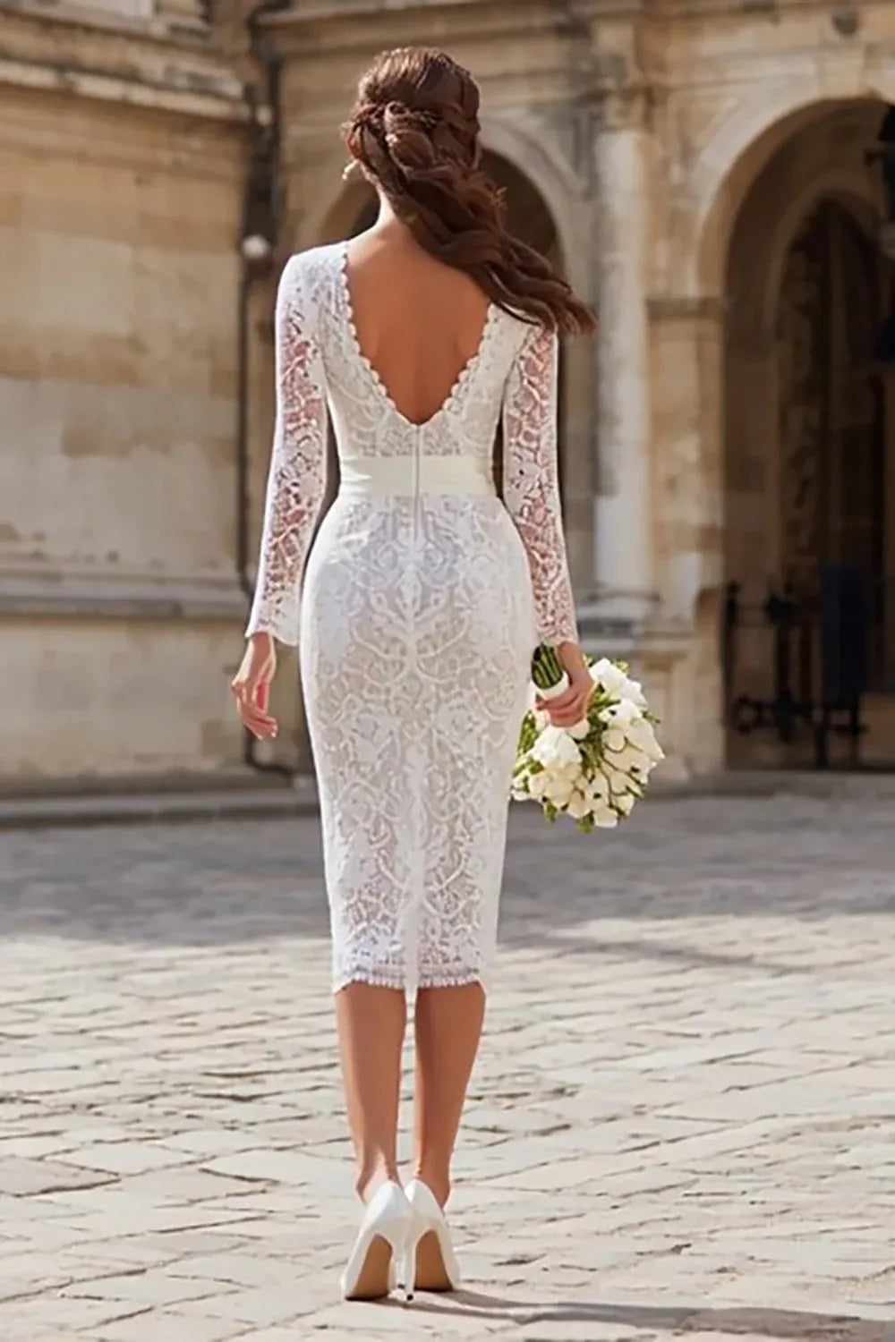 Long Sleeve Lace Midi Wedding Dress with Bow Waist & V-Back