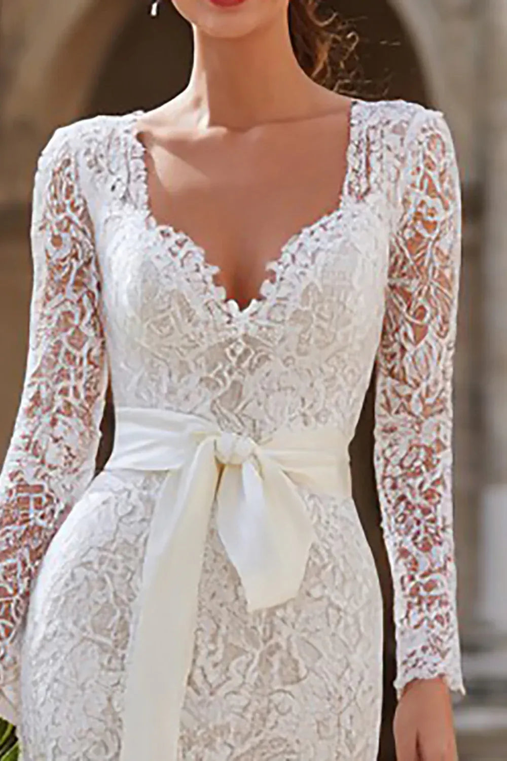 Long Sleeve Lace Midi Wedding Dress with Bow Waist & V-Back