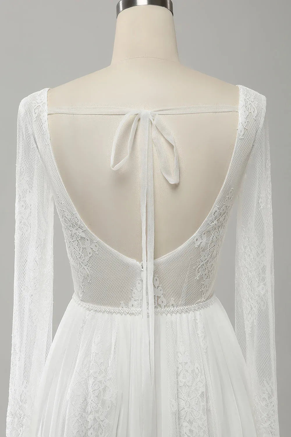 Long Sleeve Lace & Chiffon A-Line Wedding Dress with V-Neck and Tie-Back