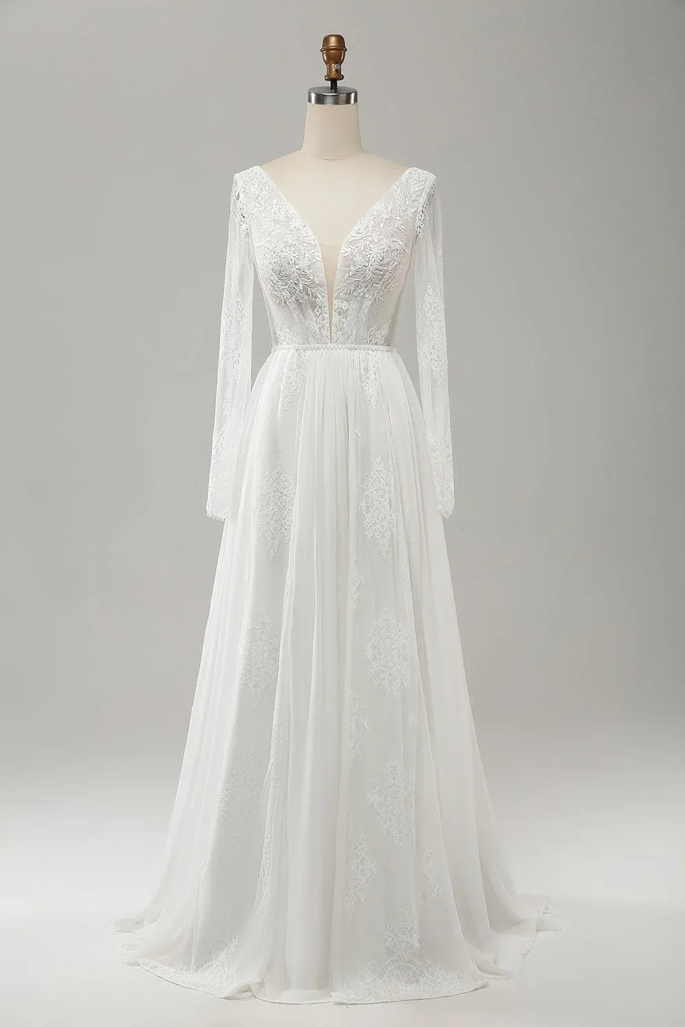 Long Sleeve Lace & Chiffon A-Line Wedding Dress with V-Neck and Tie-Back