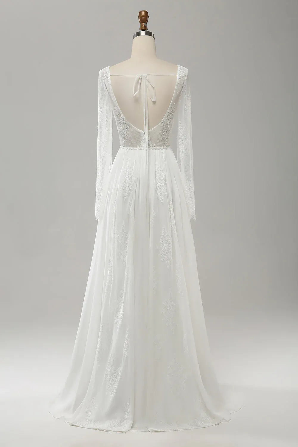 Long Sleeve Lace & Chiffon A-Line Wedding Dress with V-Neck and Tie-Back