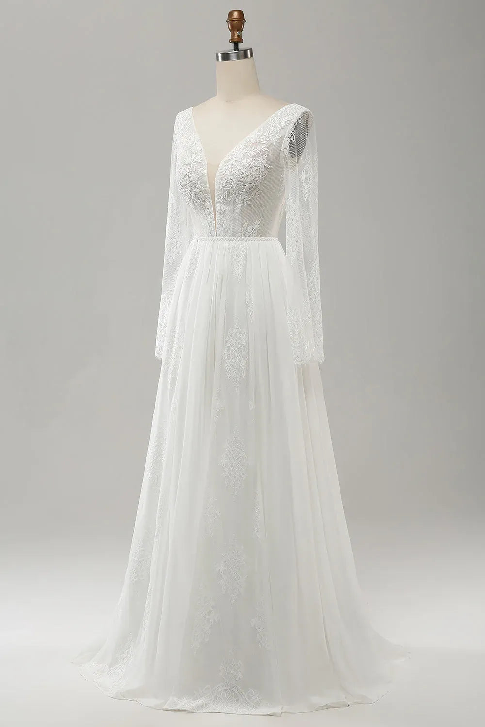 Long Sleeve Lace & Chiffon A-Line Wedding Dress with V-Neck and Tie-Back