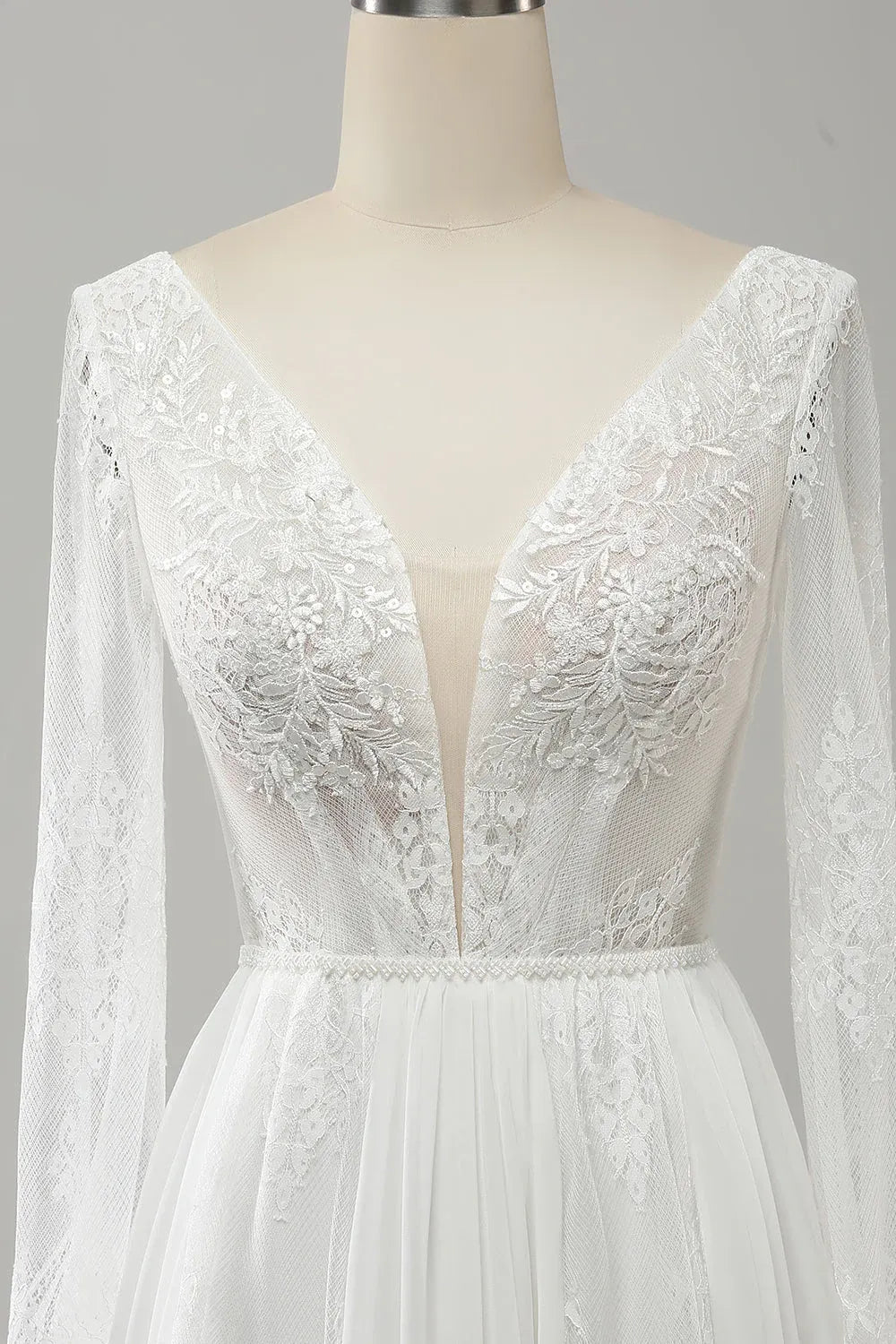 Long Sleeve Lace & Chiffon A-Line Wedding Dress with V-Neck and Tie-Back