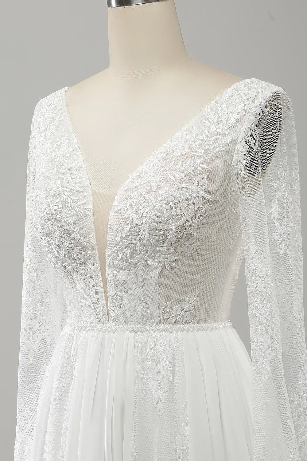 Long Sleeve Lace & Chiffon A-Line Wedding Dress with V-Neck and Tie-Back