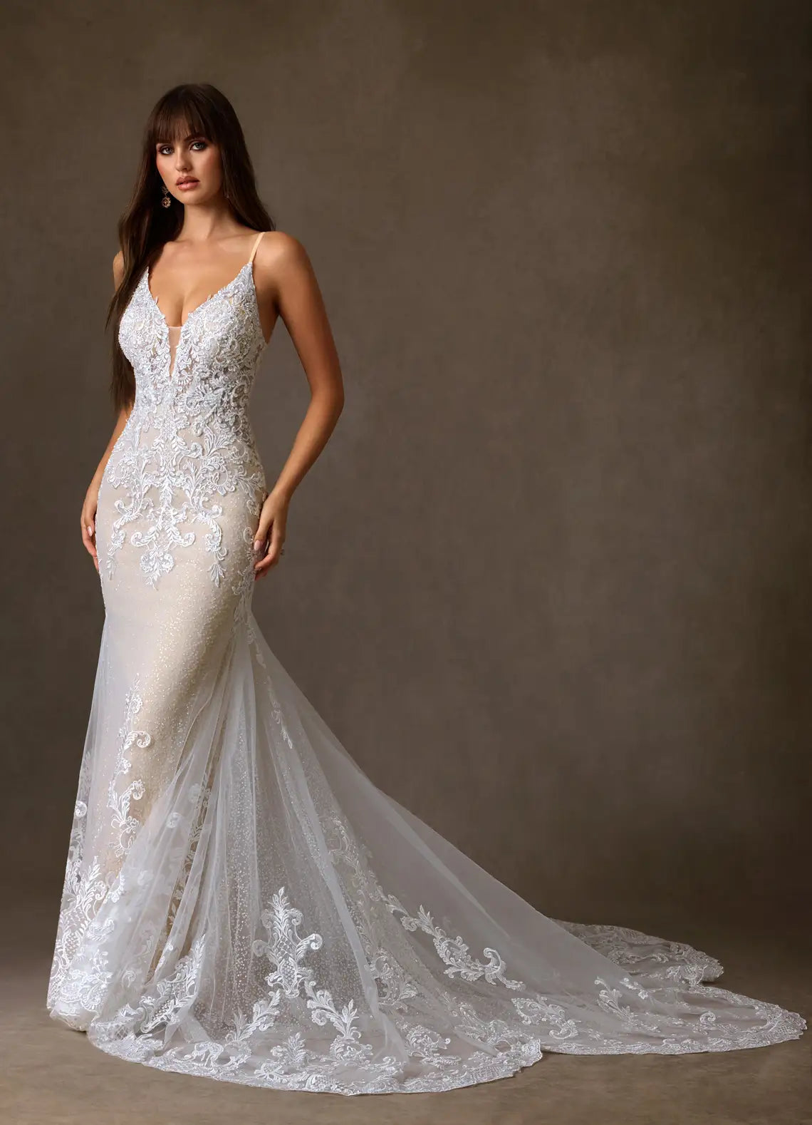 Low V-back With Button Closure Embroidered Lace Mermaid Wedding Dress with Plunging Neckline and Low Back