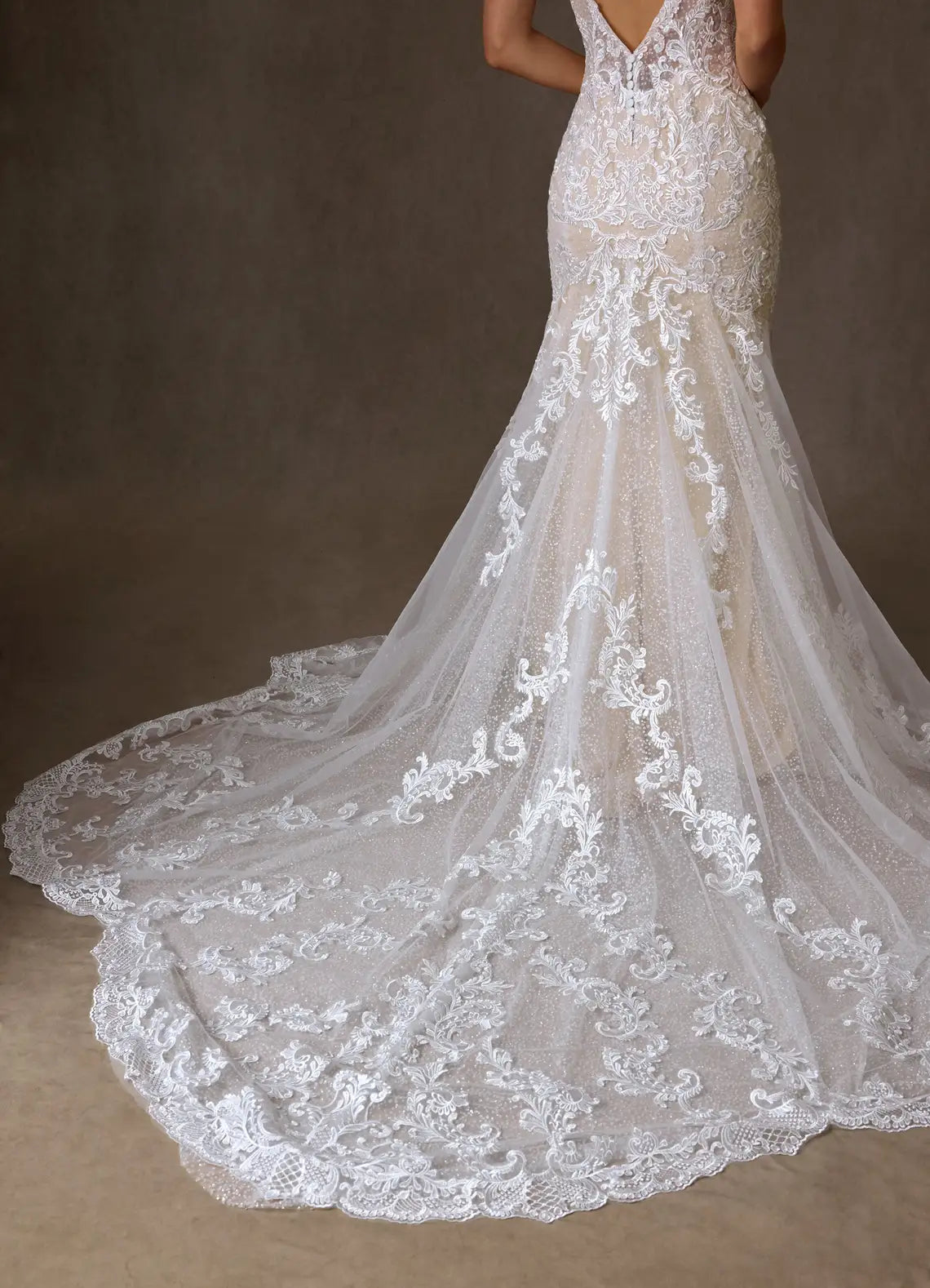 Low V-back With Button Closure Embroidered Lace Mermaid Wedding Dress with Plunging Neckline and Low Back