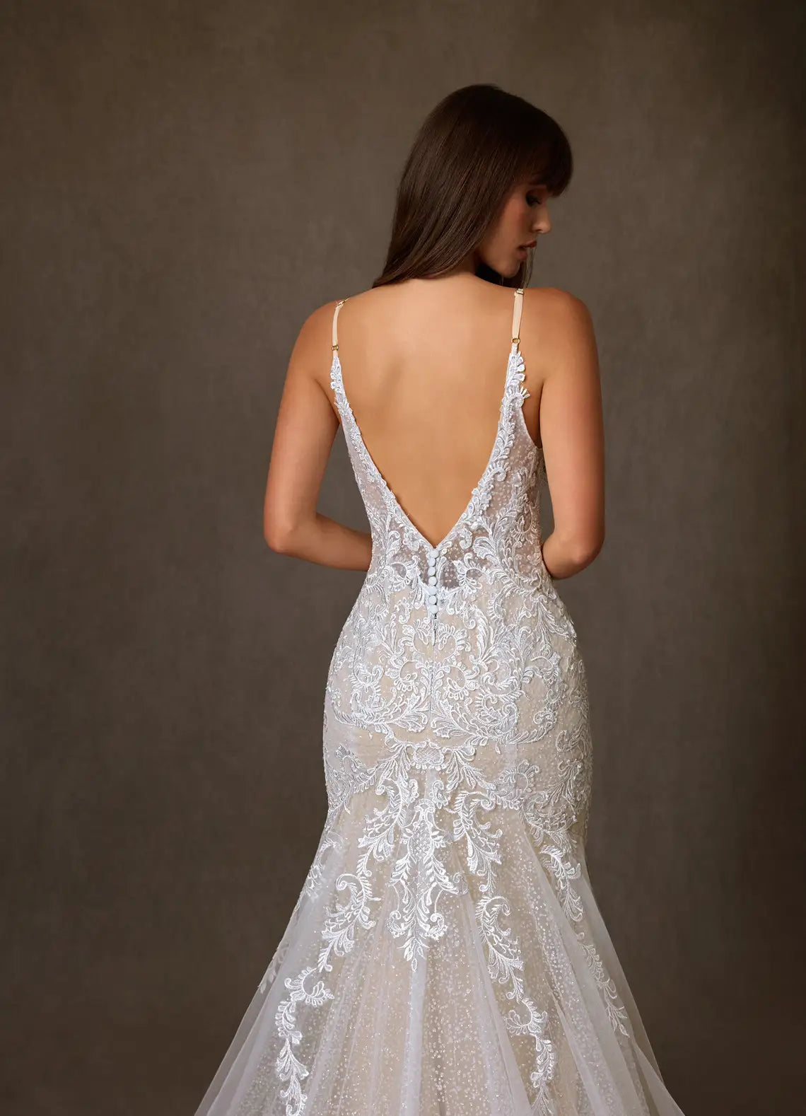 Low V-back With Button Closure Embroidered Lace Mermaid Wedding Dress with Plunging Neckline and Low Back